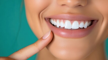 A close-up shot of a vibrant smile being gently touched by a finger, showcasing perfect white teeth and highlighting oral health and confidence.