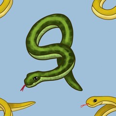 Big Yellow and Green Snake with Blue Background Seamless Pattern Design