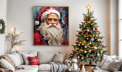 Cozy living room interior design with a Christmas tree, a couch, a snowman plush, decorations and a painting of Santa Claus on the wall