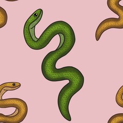 Small Green and Orange Snakes with Pink Background Seamless Pattern Design