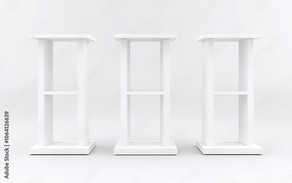 Poster minimalist design of three white display pedestals arranged in a row against a plain white backdrop 