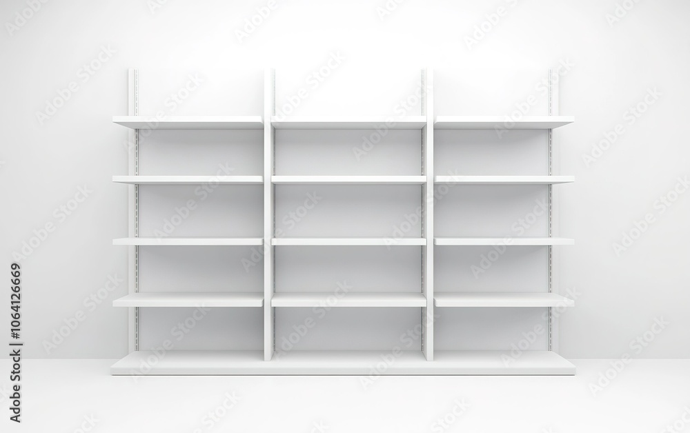 Poster minimalist white shelving unit with multiple compartments designed for organization and display in a