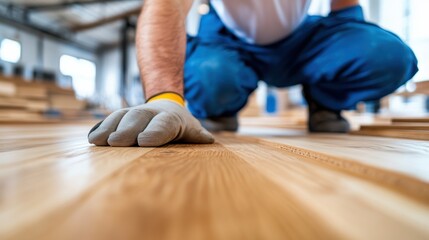 A worker in gloves and blue overalls kneels down to inspect a section of wooden flooring, demonstrating diligence and skillful attention to the materials.
