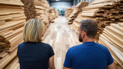 Fototapeta premium From behind, two individuals examine stacks of wood planks in a bustling lumberyard, highlighting teamwork and shared interest in construction materials.