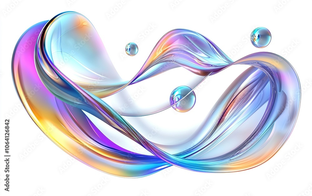 Poster flowing abstract design with shimmering colors and bubbles creating a sense of movement and lightnes