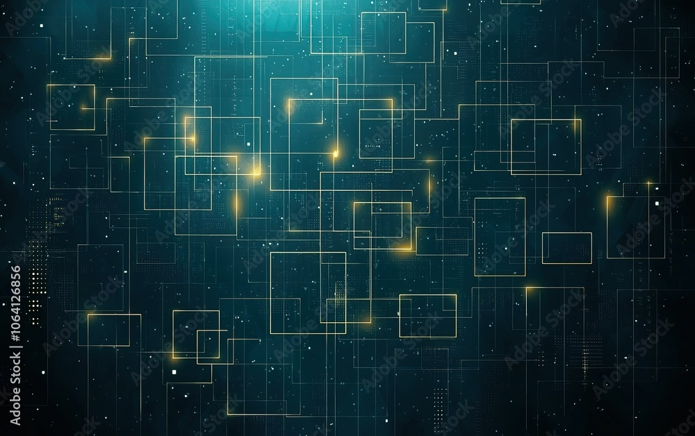Poster abstract digital background featuring glowing geometric shapes and patterns in a dark blue and teal 