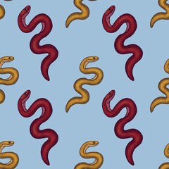 Red and Yellow Snake with Blue Background Seamless Pattern Design