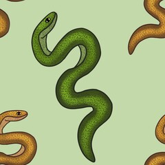 Small Green and Orange Snakes with Green Background Seamless Pattern Design