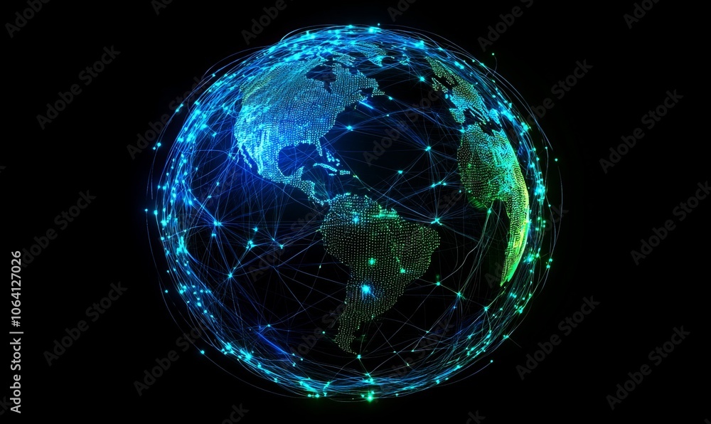 Poster a wide-angle view captures a globe formed from intricate digital lines and shapes, glowing with vibr
