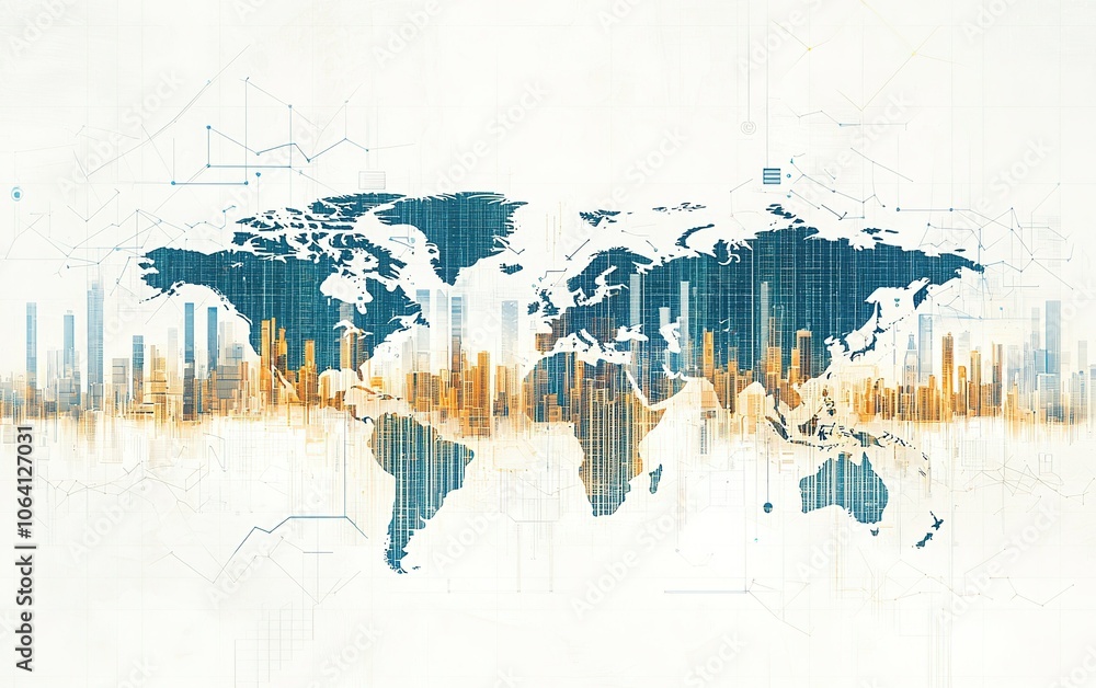 Poster a global city skyline blended with a world map to represent data analysis and urbanization trends in