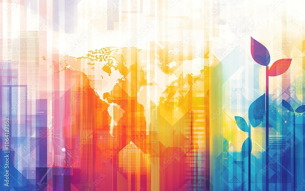 Poster colorful abstract world map with vibrant patterns and geometric shapes in soft hues showcasing globa