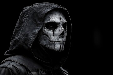A mysterious figure in a skull mask shrouded in darkness.