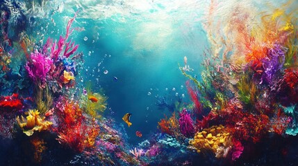 Fototapeta premium Vibrant underwater scene with colorful coral reefs and fish.