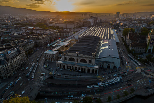 Beautiful aerial view of  Z&uuml;rich Hauptbahnhof (Z&uuml;rich Main Station or Z&uuml;rich Central Station) in Switzerland