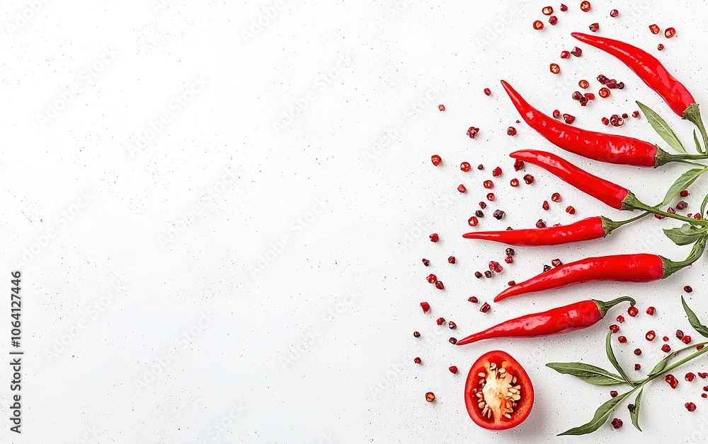 Poster fresh red chilies and peppercorns arranged artistically on a white surface with a sliced chili for c