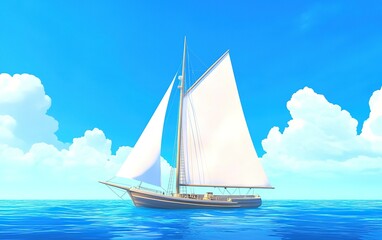 Fototapeta premium A classic sailing boat gliding through calm blue waters under a bright sky with fluffy clouds