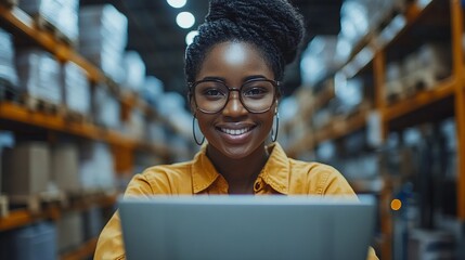 Warehouse worker manages inventory with laptop
