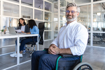 Confident businessman in wheelchair sitting in his modern office