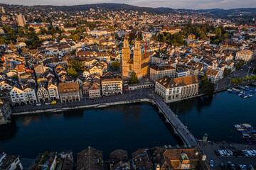 Beautiful aerial view of the city of Zurich in Switzerland - the Limmat River and its iconic...