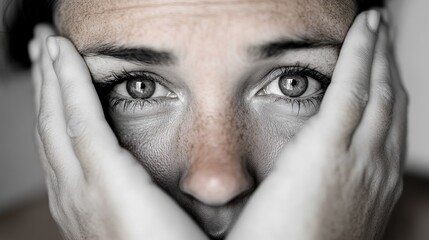 A close-up of intensely focused eyes framed by hands, highlighting emotional depth and intrigue. The monochrome palette accentuates the vivid expression captured.