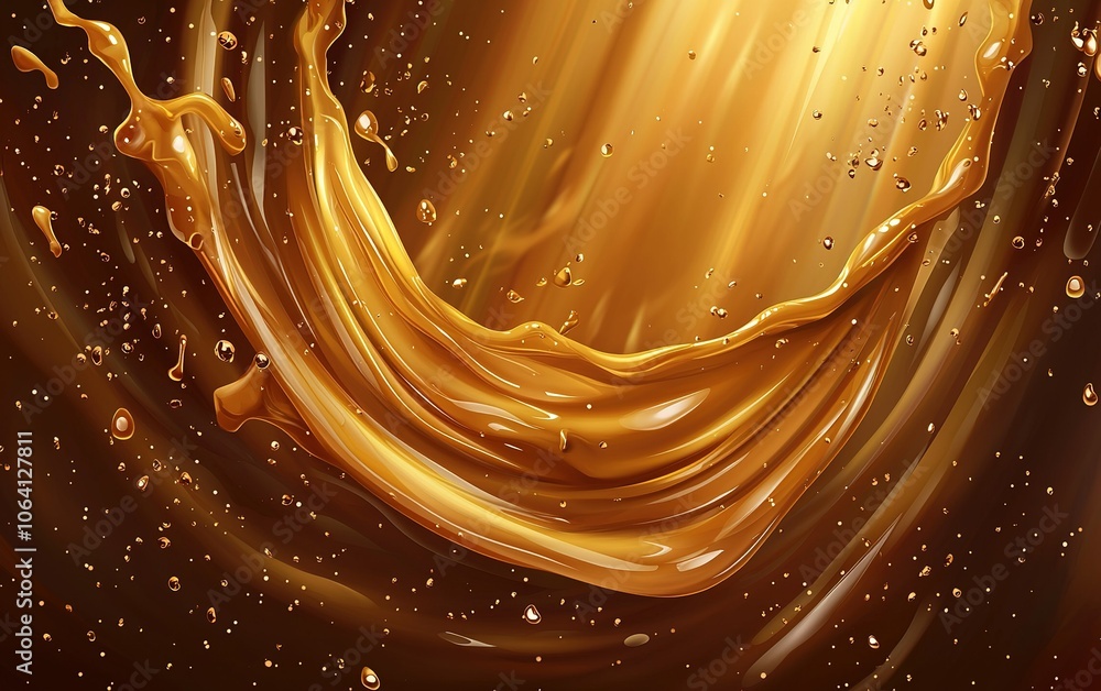 Poster golden liquid splashes against a dark background capturing the dynamic movement and texture of flowi