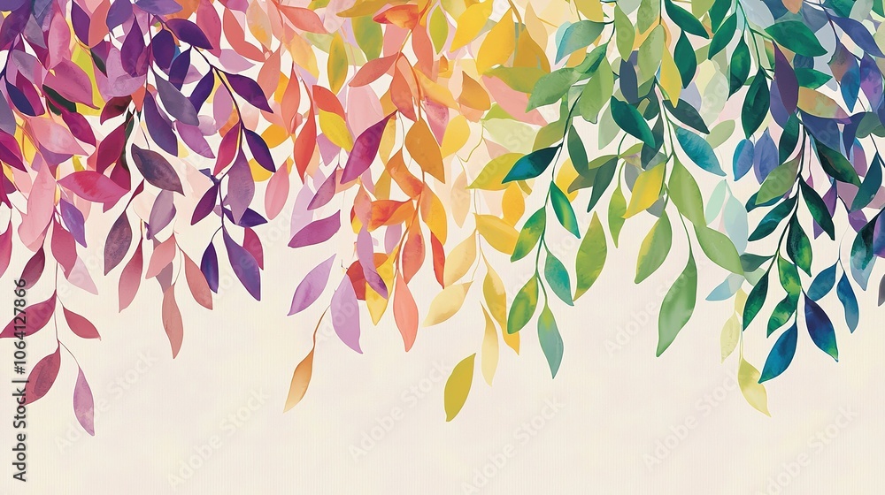 Poster vibrant watercolor leaves in a blend of colors creating a whimsical pattern suitable for artistic pr