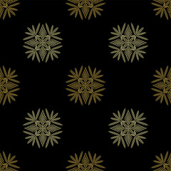 Seamless geometrical pattern with beautiful geometrical mandalas. Golden silhouettes on black background.