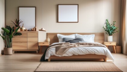 Wooden home bedroom interior with bed, drawer with decoration. Mock up frame