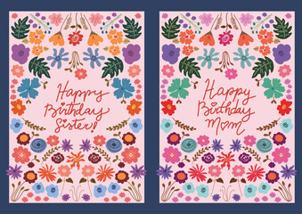 Greeting card for mom and sister, pink colors, flowers soft pastel colors, lettering style text