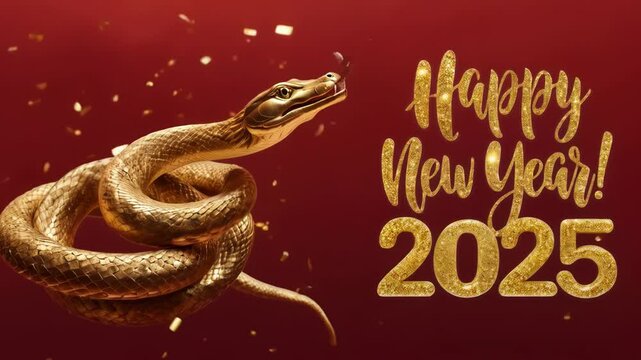 Happy New Year 2025 with symbol of the year golden snake with golden confetti on red background with congratulation text. Chinese New Year concept