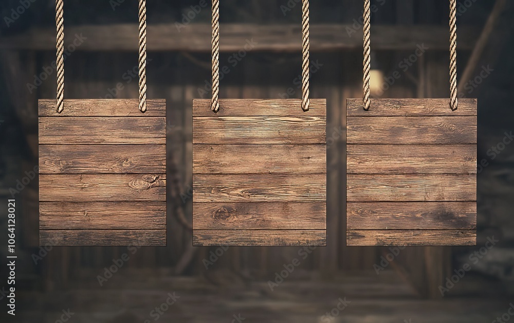 Poster wooden boards hanging from ropes in a rustic setting illuminated by soft light, creating an inviting