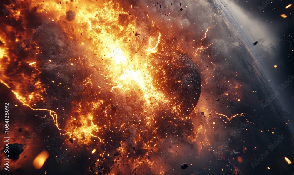 Poster a close-up of a meteor crashing into the earth, causing an explosion of fire, ash, and lightning