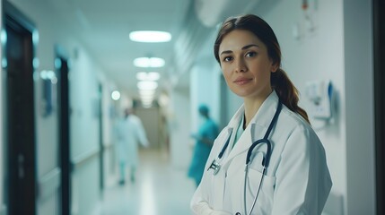 Female doctor standing in hospital corridor. 