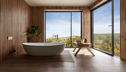 Wooden hotel bathroom interior with bathtub and panoramic window, mockup wall