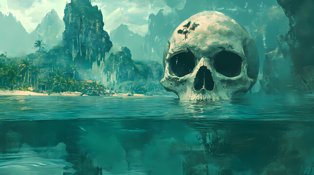 Artistic creation of a skull submerged in water with a mystical island backdrop, invoking suspense and fantasy. Mystical. Illustration