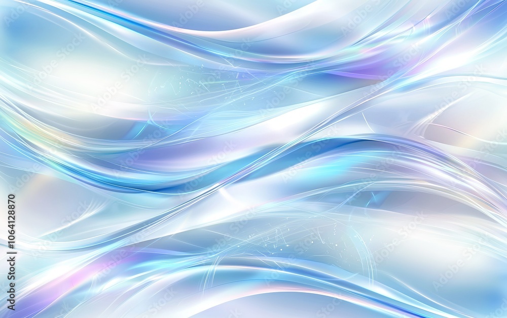 Poster abstract flowing waves in shades of blue and white creating a serene digital background with soft li