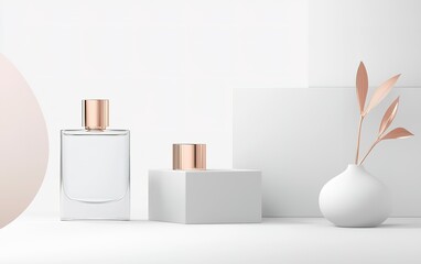 Elegant display of two perfume bottles with minimalist decor and soft pastel elements in a serene setting