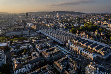 Beautiful aerial view of the city of Zurich in Switzerland - the Limmat River and its iconic...
