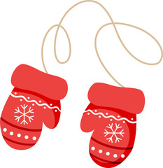 Red mittens with winter pattern. Warm accessory for winter. Decorative element for Christmas design. Hand drawing vector illustration