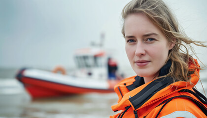 Obraz premium Woman in bright orange jacket, blurred small boat behind, marine paramedic or rescue team member. Generative AI
