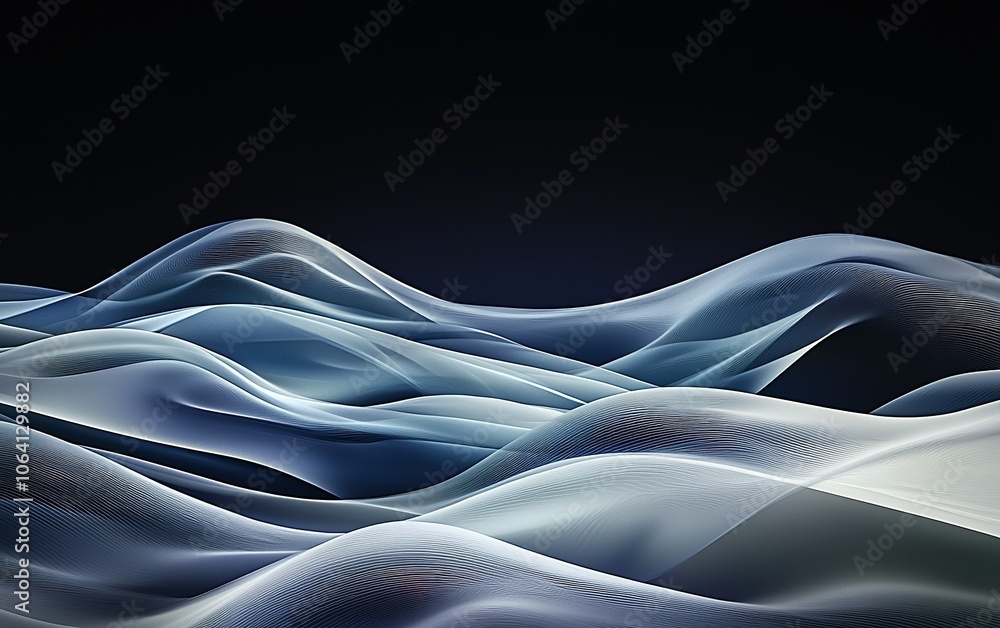 Poster digital waves of translucent blue and white flow across a dark background creating an abstract repre