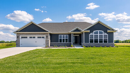 modern blue and gray suburban home with stone accent walls and green lawn