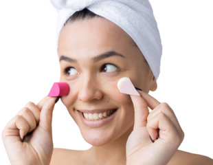 Beauty portrait of woman in white towel on head  with a sponge for a body in view of a pink heart. Skincare cleansing eco organic cosmetic spa relax concept.