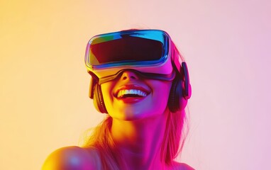 Smiling young pretty woman wearing a colored VR headset on a clean white background