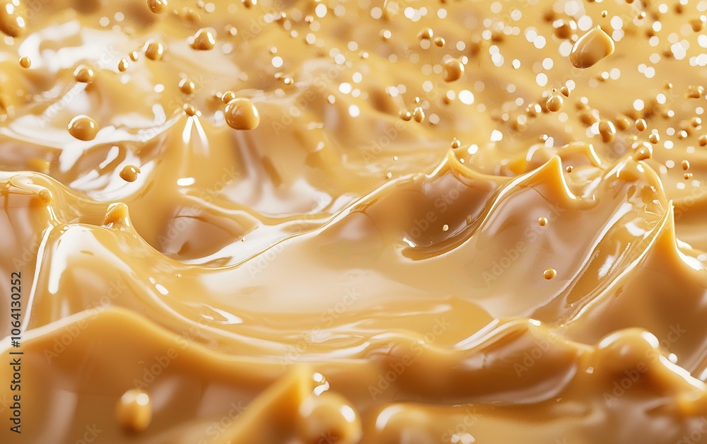 Poster rich golden liquid waves create dynamic splashes in a close-up view, highlighting texture and moveme