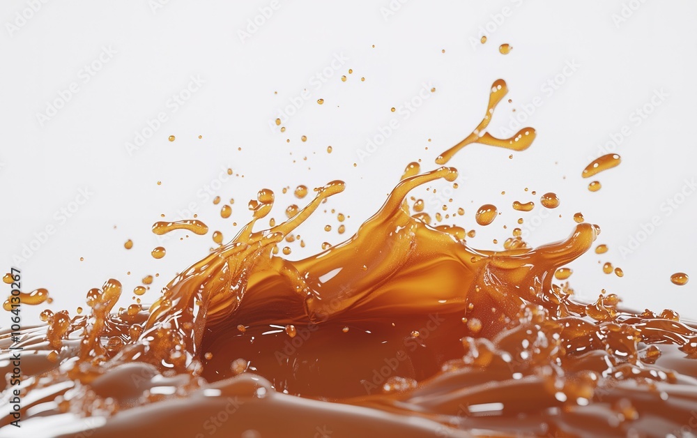 Poster dynamic splash of caramel liquid creating droplets against a clean white background in a bright sett