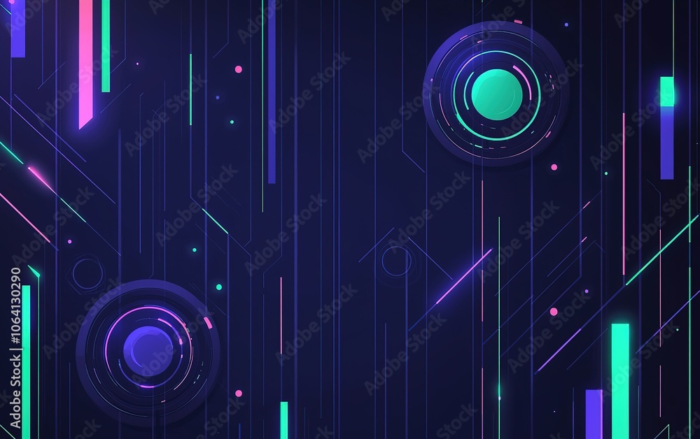 Poster abstract digital art featuring neon geometric shapes and lines on a dark background, creating a vibr