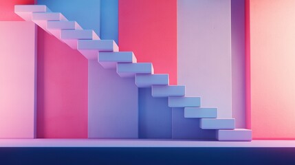   Stairs before multi-colored wall with pink, blue, purple stripes
