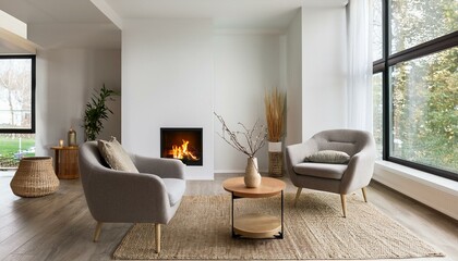 Home living room interior with relaxing zone, fireplace and window. Mockup wall