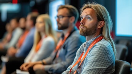 Obraz premium Attentive Audience at a Business Conference with Focused Individuals Listening to a Speaker in a Modern Corporate Setting
